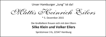 Babyanzeige von Mattis Heinrich Eilers von Nordwest-Zeitung