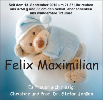 Babyanzeige von Felix Maximilian Janßen von Nordwest-Zeitung