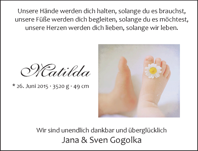 Anzeige für Matilda Gogolka vom 11.07.2015 aus Nordwest-Zeitung