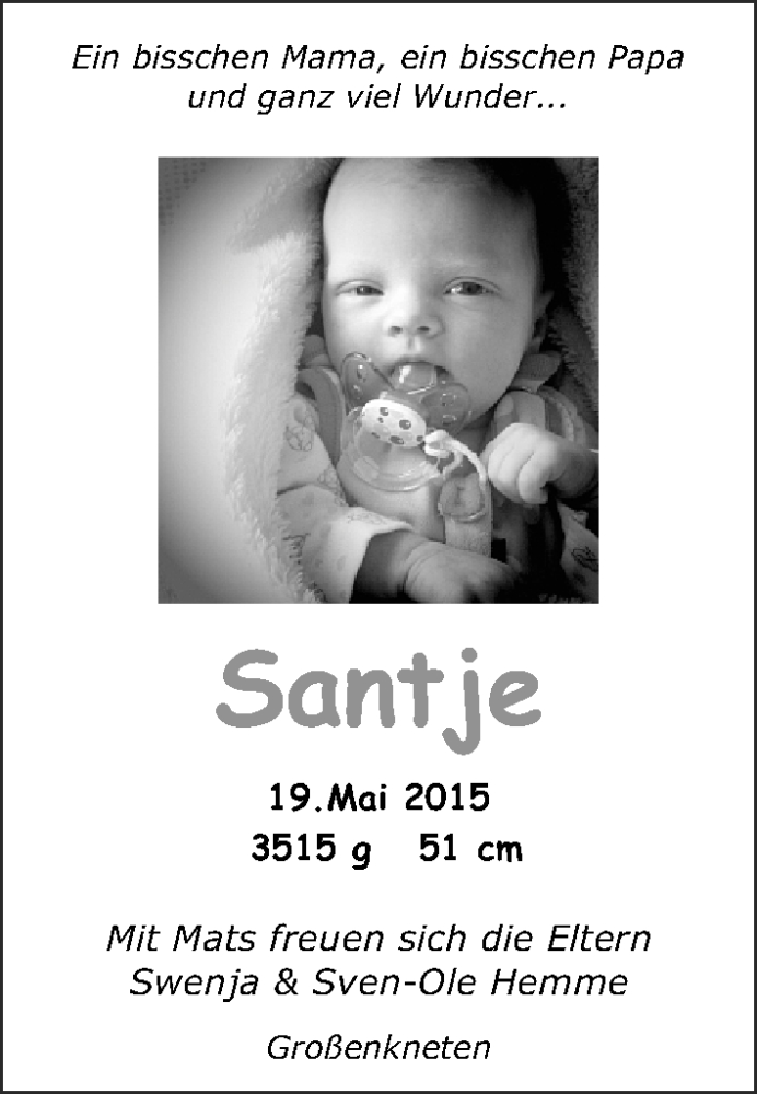 Anzeige für Santje Hemme vom 20.06.2015 aus Nordwest-Zeitung