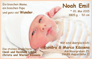 Babyanzeige von Noah Emil Kässens von Nordwest-Zeitung