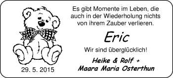 Babyanzeige von Eric Osterthun von Nordwest-Zeitung