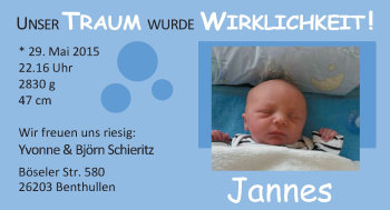 Babyanzeige von Jannes Schieritz von Nordwest-Zeitung