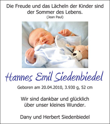 Babyanzeige von Hannes Emil Siedenbiedel von Nordwest-Zeitung
