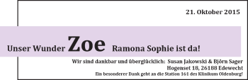 Babyanzeige von Zoe Ramona Sophie  von Nordwest-Zeitung