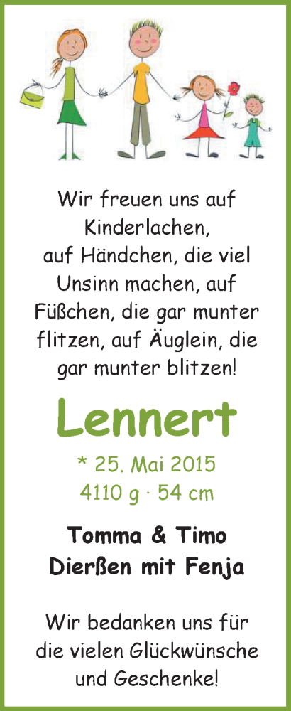 Anzeige für Lennert Dierßen vom 06.06.2015 aus Nordwest-Zeitung