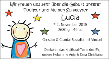 Babyanzeige von Lucia Bossaler von Nordwest-Zeitung