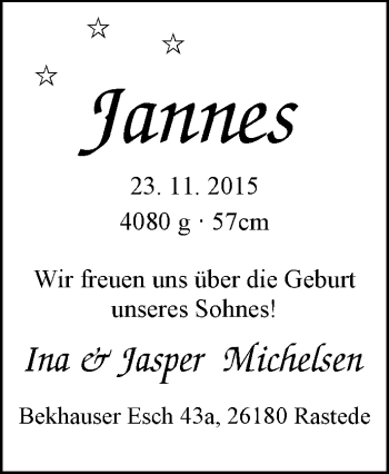 Babyanzeige von Jannes Michelsen von Nordwest-Zeitung