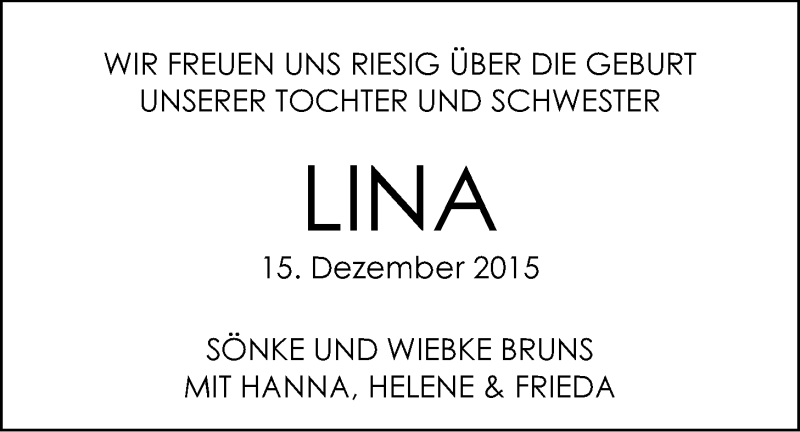 Anzeige für Lina  vom 09.01.2016 aus Nordwest-Zeitung