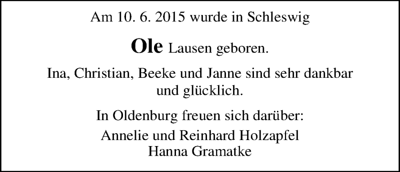 Anzeige für Ole Lausen vom 04.07.2015 aus Nordwest-Zeitung