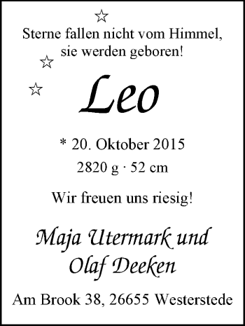 Babyanzeige von Leo  von Nordwest-Zeitung
