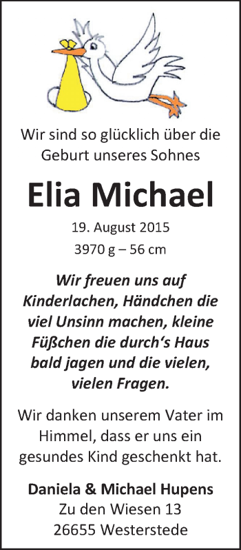 Babyanzeige von Elia Michael Hupens von Nordwest-Zeitung