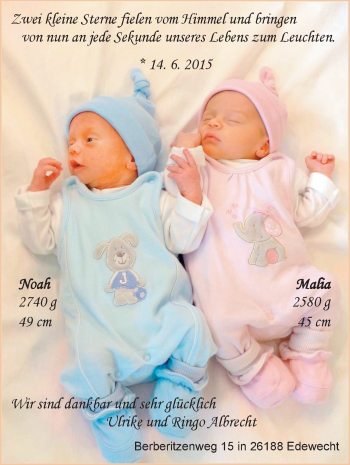Babyanzeige von Malia und Noah Albrecht von Nordwest-Zeitung