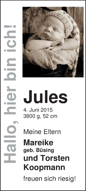 Babyanzeige von Jules Koopmann von Nordwest-Zeitung