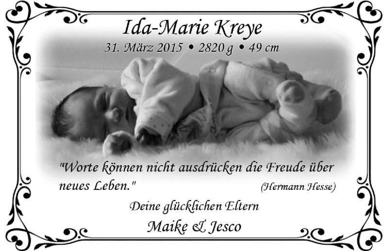 Anzeige für Ida-Marie Kreye vom 11.04.2015 aus Nordwest-Zeitung