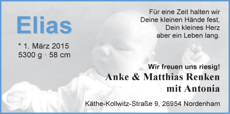 Anzeige für Elias Renken vom 11.04.2015 aus Nordwest-Zeitung