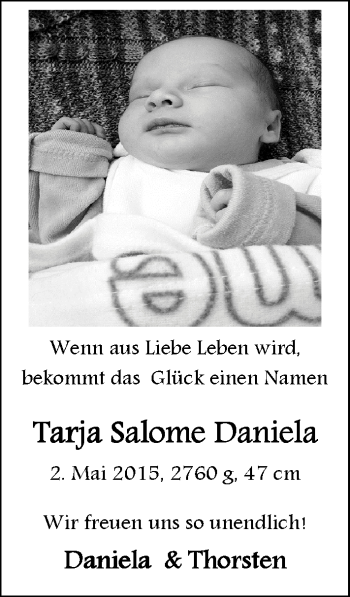 Babyanzeige von Tarja Salome von Nordwest-Zeitung