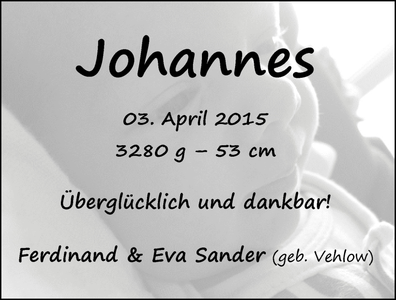 Anzeige für Johannes Sander vom 06.06.2015 aus Nordwest-Zeitung