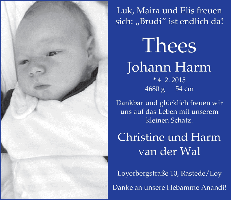 Anzeige für Thees Johann Harm van der Wal vom 14.02.2015 aus Nordwest-Zeitung