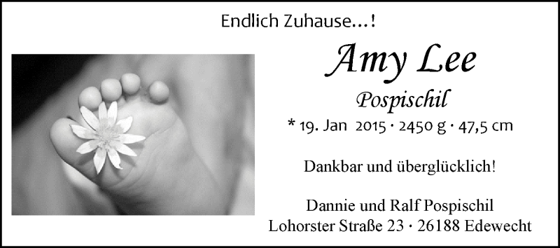 Anzeige für Amy Lee Pospischill vom 07.02.2015 aus Nordwest-Zeitung