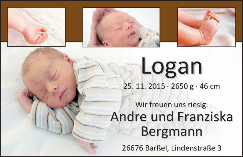 Anzeige für Logan Bergmann vom 12.12.2015 aus Nordwest-Zeitung
