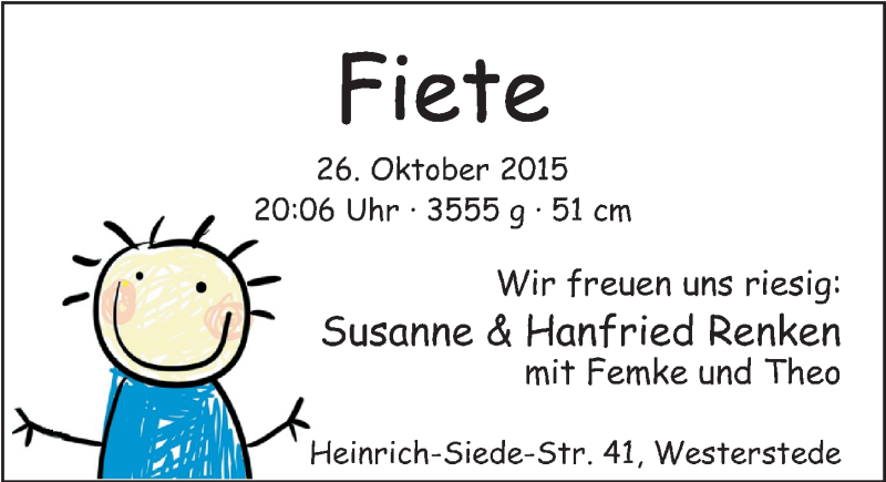 Anzeige für Fiete Renken vom 07.11.2015 aus Nordwest-Zeitung