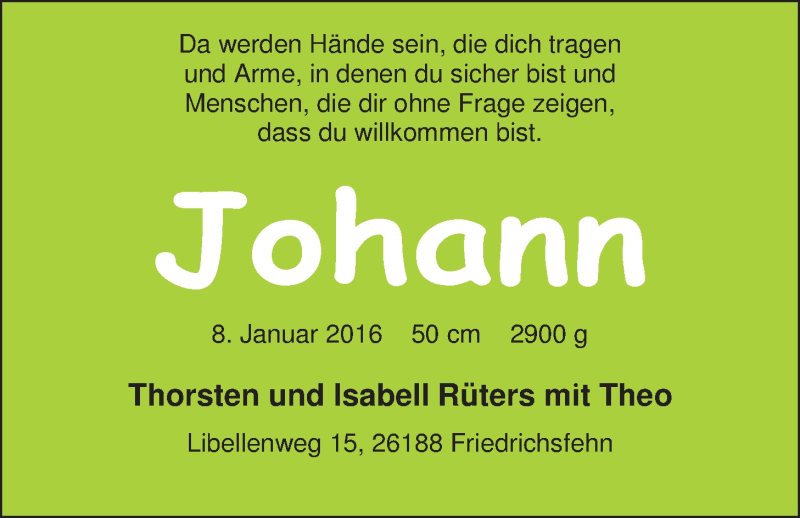 Anzeige für Johann Rüters vom 23.01.2016 aus Nordwest-Zeitung