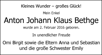 Babyanzeige von Anton Johann Klaus Bethge von Nordwest-Zeitung