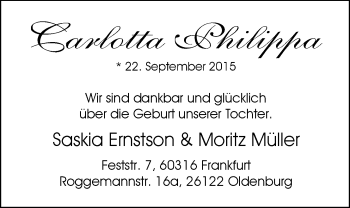Babyanzeige von Carlotta Philippa  von Nordwest-Zeitung