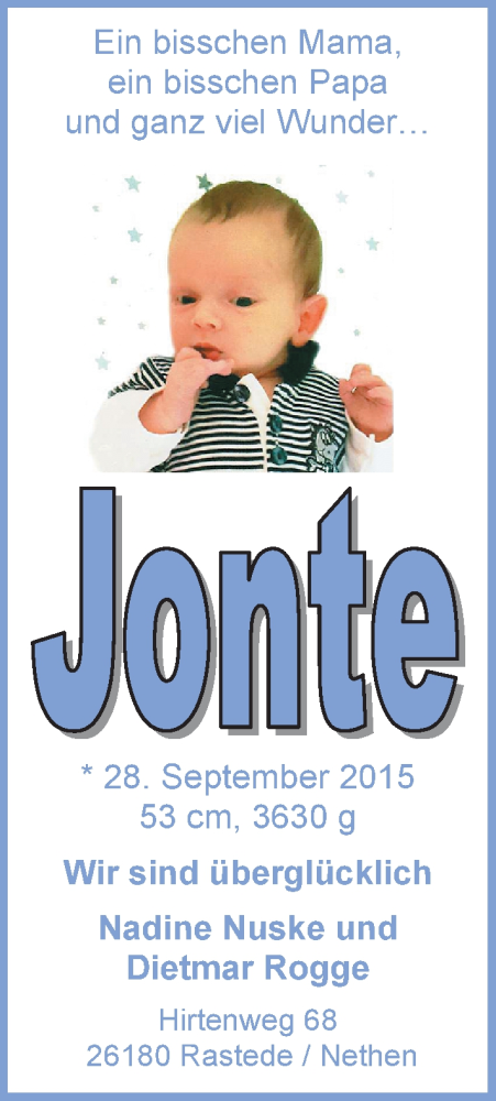 Anzeige für Jonte  vom 17.10.2015 aus Nordwest-Zeitung