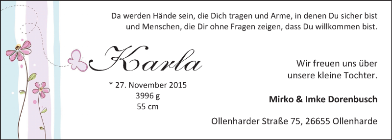 Anzeige für Karla Dorenbusch vom 12.12.2015 aus Nordwest-Zeitung