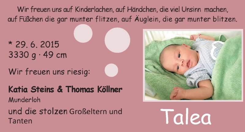 Anzeige für Talea  vom 11.07.2015 aus Nordwest-Zeitung