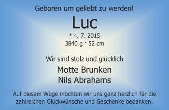 Babyanzeige von Luc  von Nordwest-Zeitung