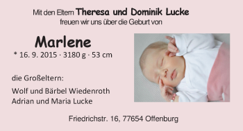 Babyanzeige von Marlene Lucke von Nordwest-Zeitung