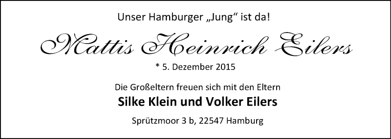 Anzeige für Mattis Heinrich Eilers vom 19.12.2015 aus Nordwest-Zeitung