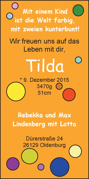 Babyanzeige von Tilda Lindenberg von Nordwest-Zeitung