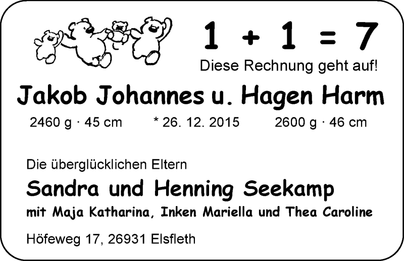 Anzeige für Jakob Johannes und Hagen Harm Seekamp vom 16.01.2016 aus Nordwest-Zeitung