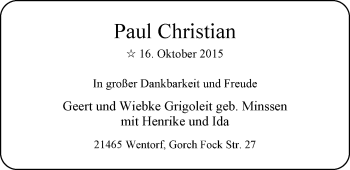 Babyanzeige von Paul Christian Grigoleit von Nordwest-Zeitung