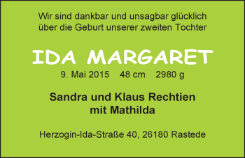 Babyanzeige von Ida Margaret Rechtien von Nordwest-Zeitung