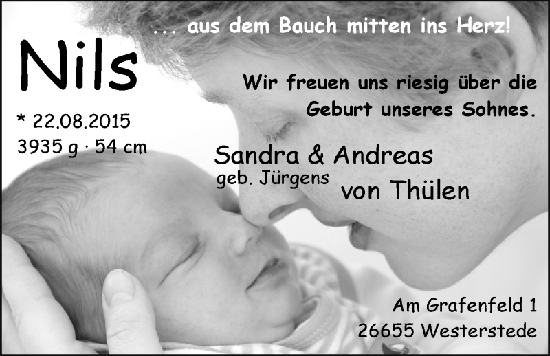 Anzeige für Nils von Thülen vom 19.09.2015 aus Nordwest-Zeitung
