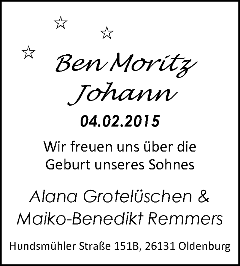 Anzeige für Ben Moritz Johann  vom 12.02.2015 aus Nordwest-Zeitung