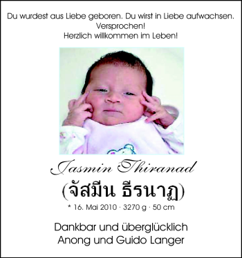 Babyanzeige von Jasmin Thiranad Langer von Nordwest-Zeitung