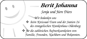 Babyanzeige von Berit Johanna Diers von Nordwest-Zeitung