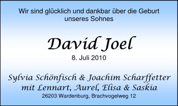 Babyanzeige von David Joel  von Nordwest-Zeitung