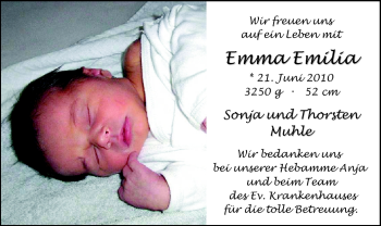 Babyanzeige von Emma Emilia Muhle von Nordwest-Zeitung