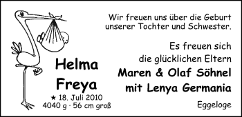 Babyanzeige von Helma Freya Söhnel von Nordwest-Zeitung