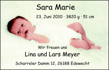 Babyanzeige von Sara Marie Meyer von Nordwest-Zeitung
