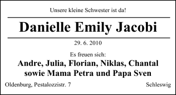 Babyanzeige von Danielle Emily Jacobi von Nordwest-Zeitung