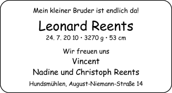 Babyanzeige von Leonard Reents von Nordwest-Zeitung