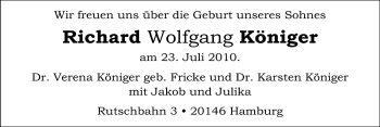 Babyanzeige von Richard Wolfgang Königer von Nordwest-Zeitung